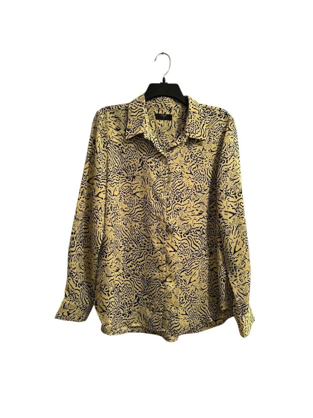 Tahari Animal Print Blouse Women Large Print Cheeta Yellow & Black Button Down